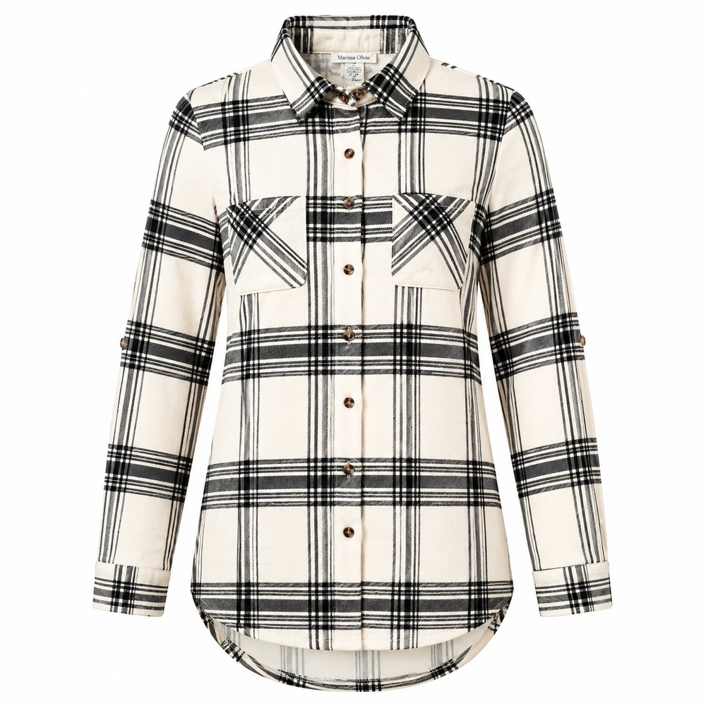 Marissa Olivia Plaid Button Down Women Medium Tan Black Roll Tab Sleeve NWT